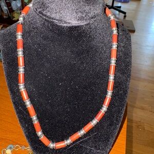 Vintage Elegant Red and Silver Beaded Necklace native red stone